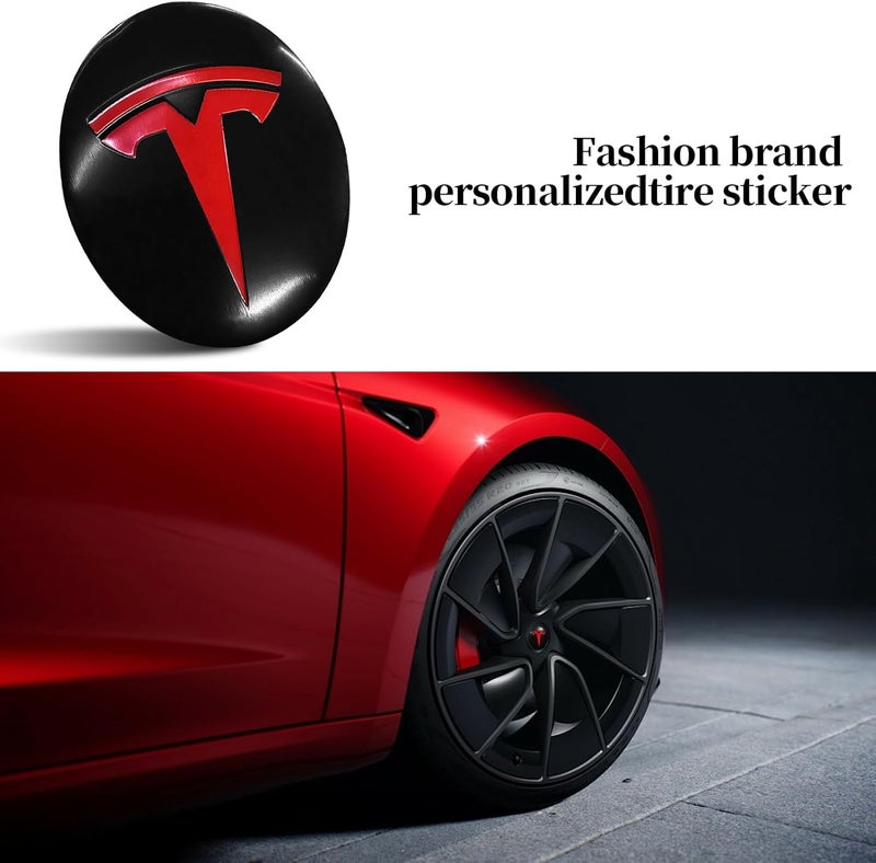Knomix 4 Pack Aluminum Waterproof Wheel Cover Center Emblem Sticker for Tesla Model 3 Model Y 56mm Hubcaps Wheel Rim Cover (Matte Black Background+Red Emblem) - Image 4